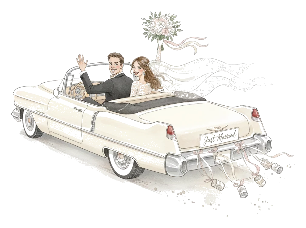 Brautpaar winkt aus einem Oldtimer-Cabrio, Dosen und Bänder hängen am Heck
